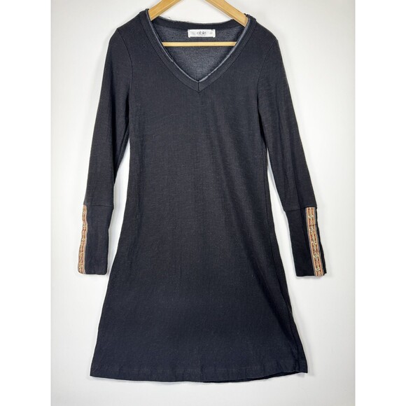 Able Dress Womens Small Black Long Sleeve V Neck Boho Embroidered Trim Made USA - Picture 1 of 13